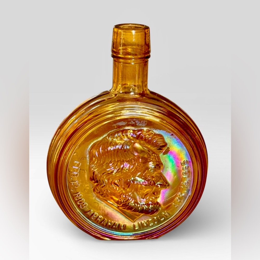 First Edition Vintage Amber Carnival Glass Abraham Lincoln Bottle